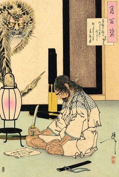 General Akaşi Gidayu 1582-ci ildə ağası üçün apardığı döyüşü uduzduqdan sonra seppuku etməyə hazırlaşır. Sağdan üst tərəfdə olan guşədə görünə bilən ölüm şeirini yazır.