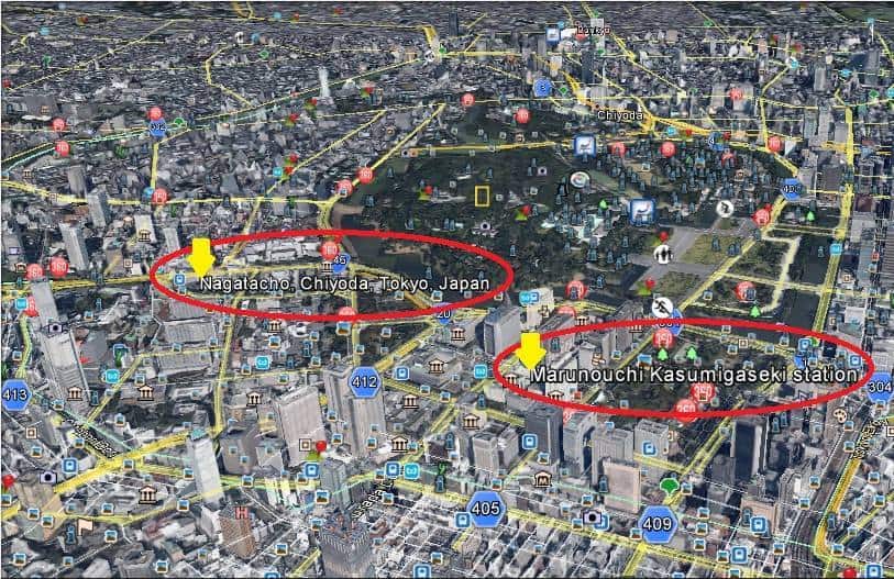 Kasumiqaseki və Naqataço stansiyaları arasındakı məsafə. Şəkillər Google Earth proqramı sayəsində əldə olunub. Aprel, 2014.