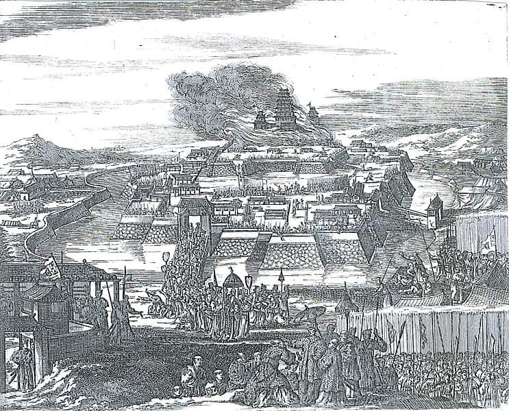 Osakada qəsrin dağıdılması barəsində erkən dövrlərin təsəvvürü. Fransua Karon`un kitabından. 1663-cü il.
